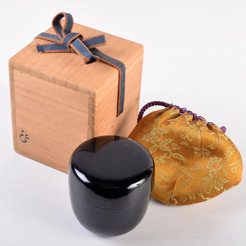 jingo茶道具　黒漆　棗　仕覆付　花押入り時代箱　V　8401