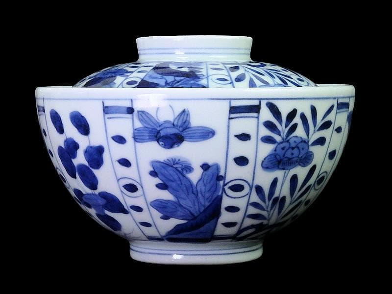 古伊万里　染付　芙蓉手　花鳥紋の図　大振蓋茶碗　F319AS-CXz