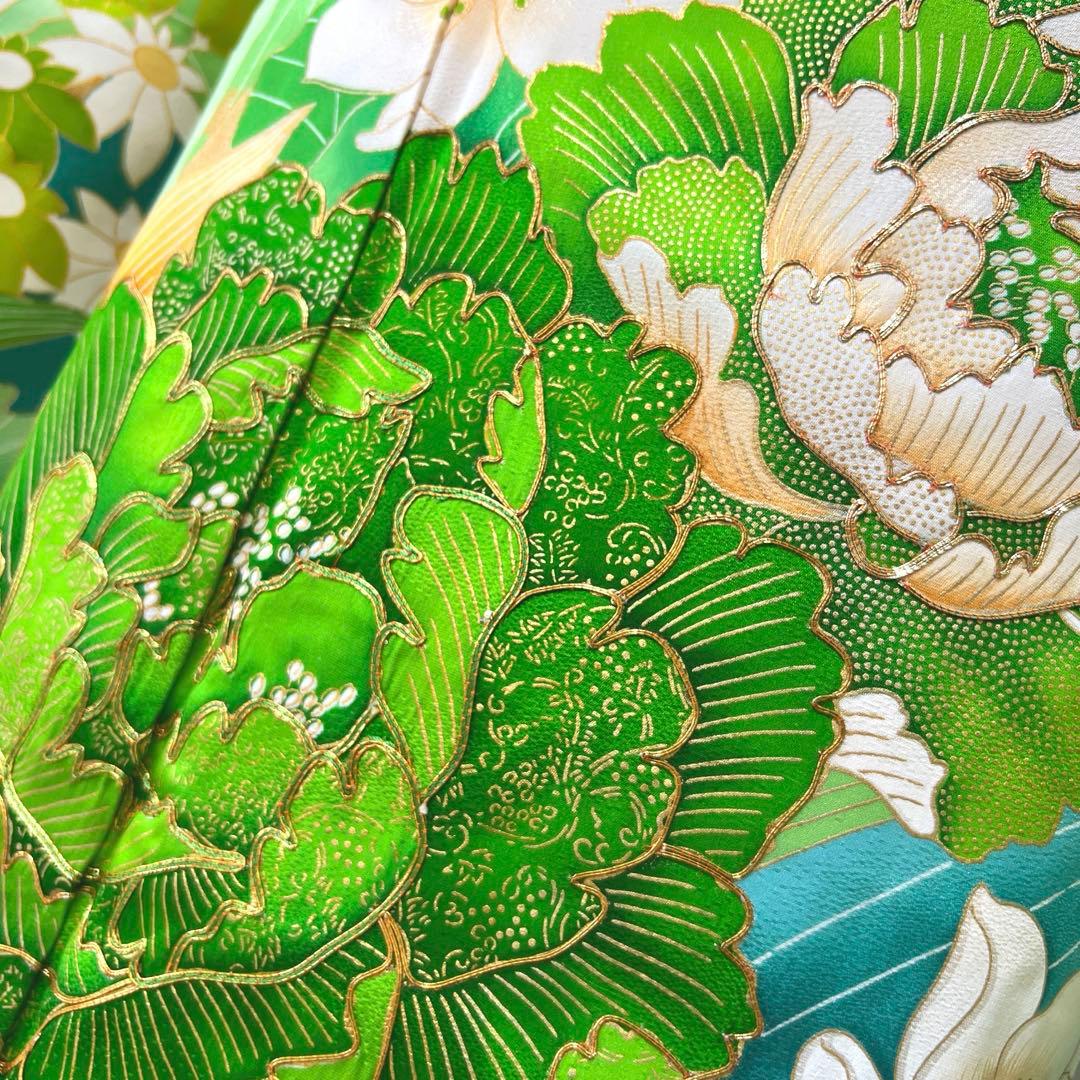 434 振袖フルセット やや難あり 正絹 緑 グリーン 金彩 駒刺繍 暈し染め