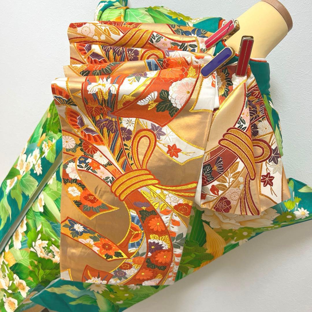 434 振袖フルセット やや難あり 正絹 緑 グリーン 金彩 駒刺繍 暈し染め