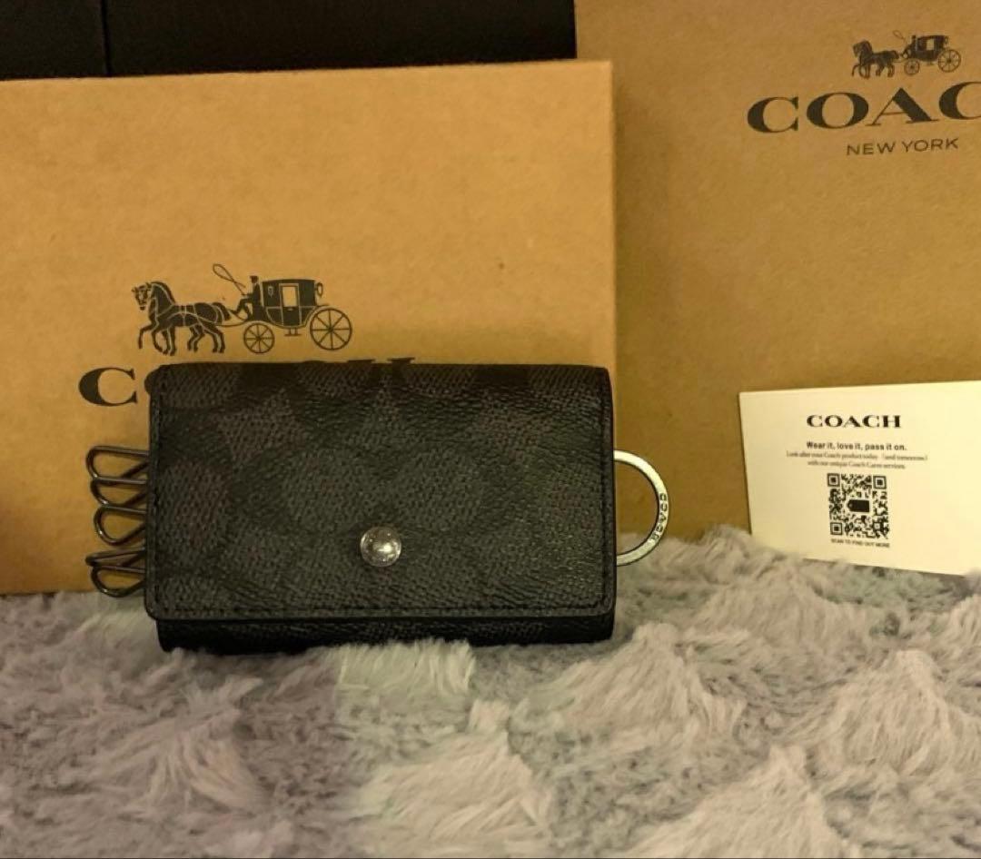 COACH ブラック シグネチャー レザー キーケース