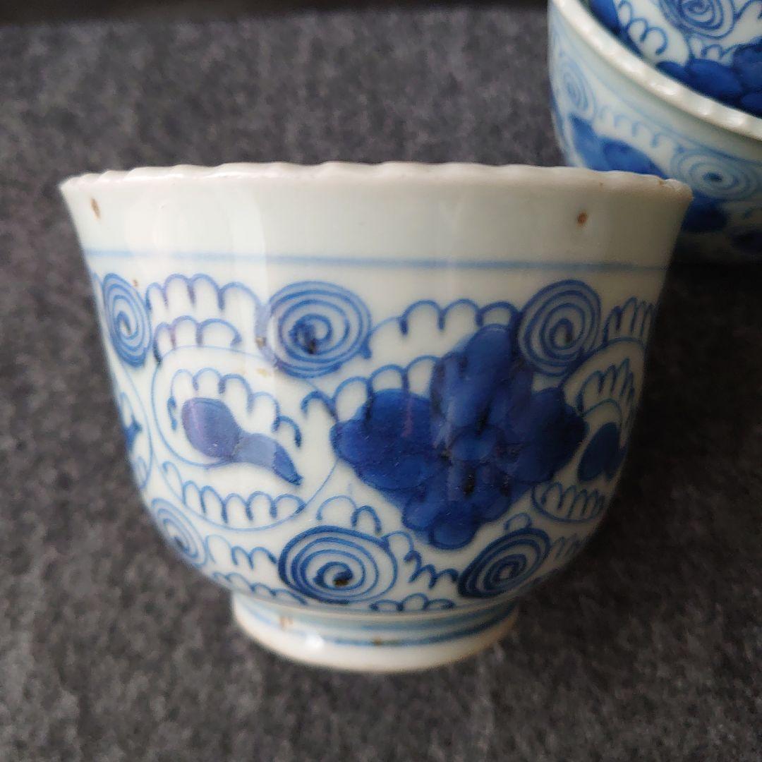 伊万里 古伊万里 肥前吉田焼 蕎麦猪口 小鉢 渦巻文 三客揃 江戸期 未使用