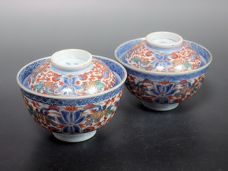 古伊万里　色絵　花唐草に鳳凰の図　蓋茶碗　２客C239A-A -BDg