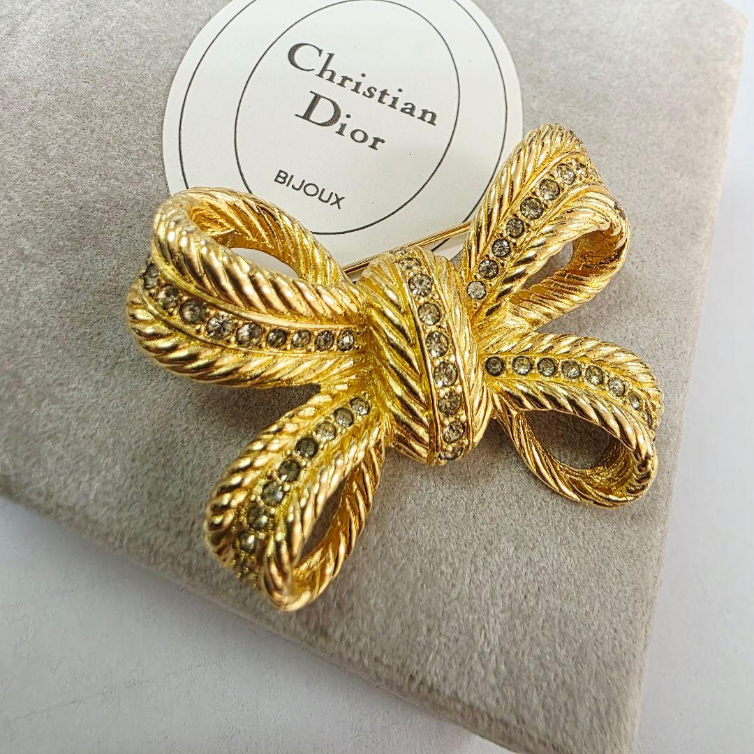Dior クリスチャンディオール リボン ブローチ ゴールド ラインストーン