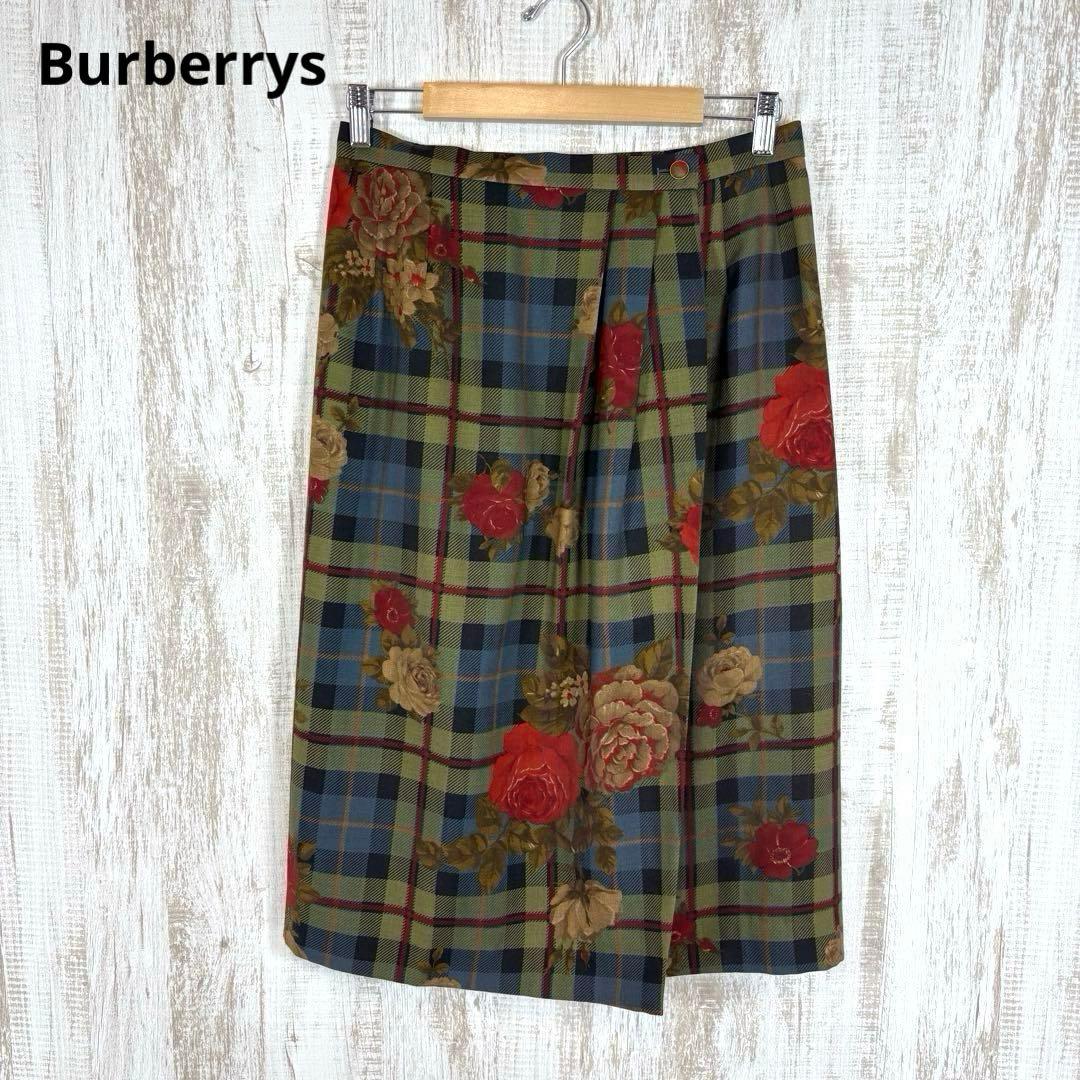 美品 90s Burberrys 花柄 チェック ウール シルク 巻きスカート