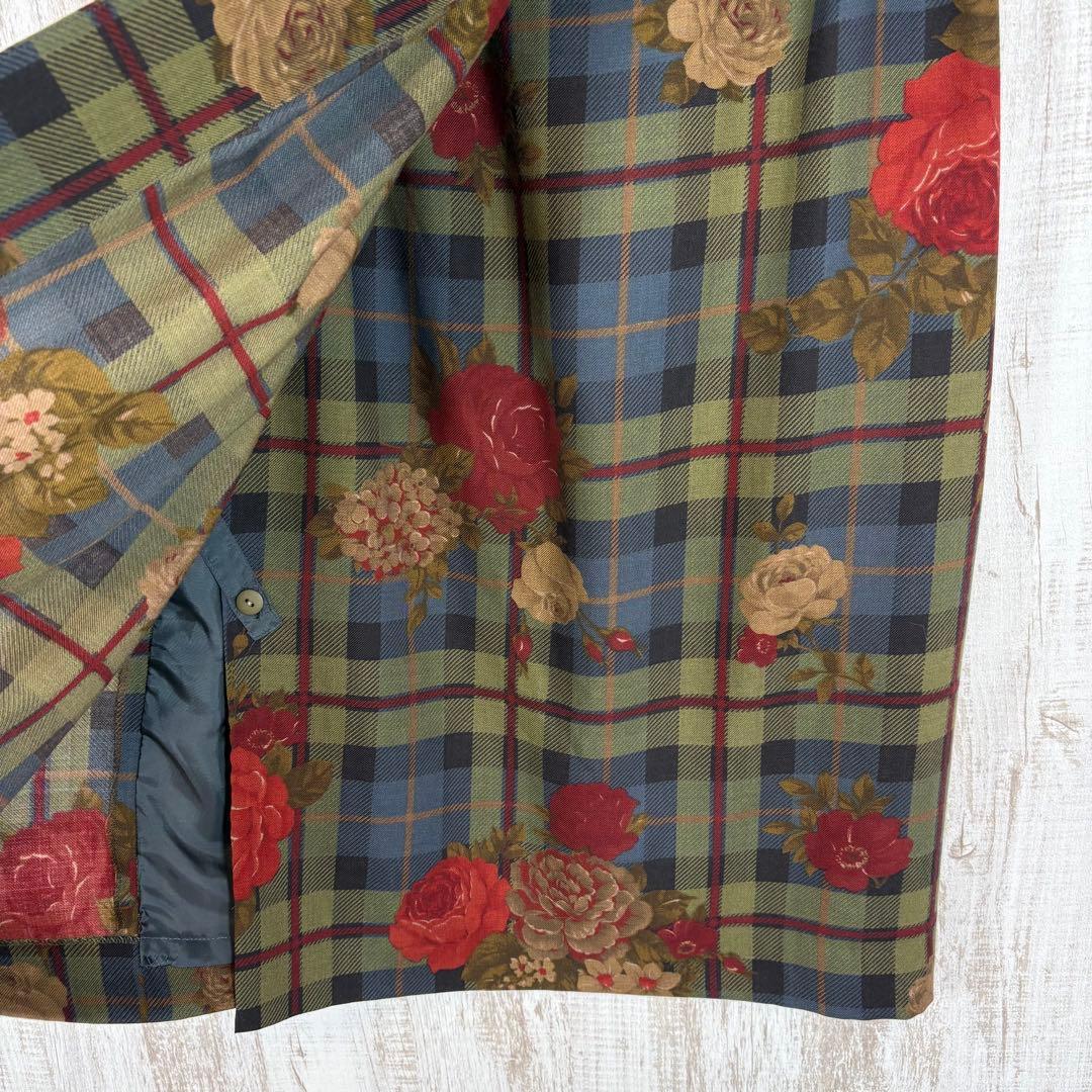 美品 90s Burberrys 花柄 チェック ウール シルク 巻きスカート