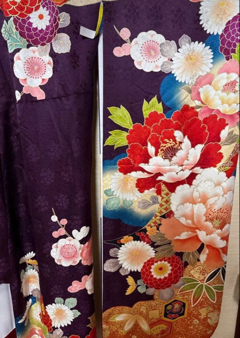 紫 古典柄 花々 振袖 身丈162