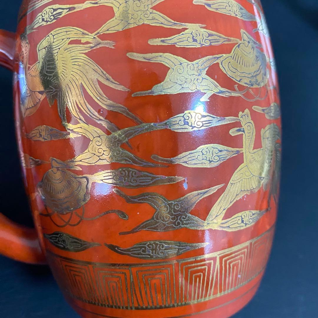 蔵出し　昭和初期　九谷焼 マグカップ 戦前輸出用 永楽窯 朱色唐草金彩永楽　希少