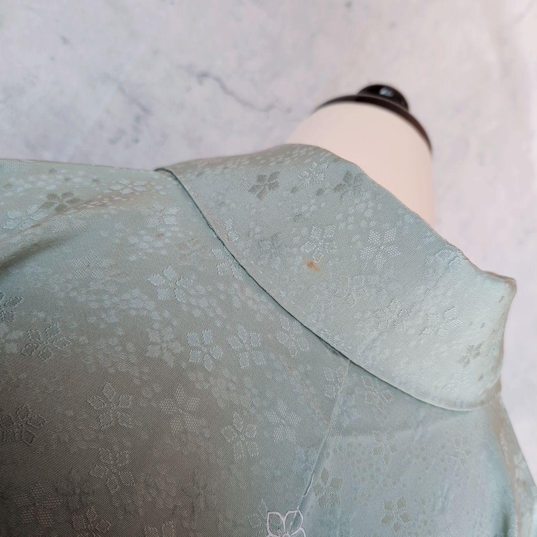 色無地　着物　フルセット　正絹　地紋豪華花　緑　パステルグリーン　爽やか　E1