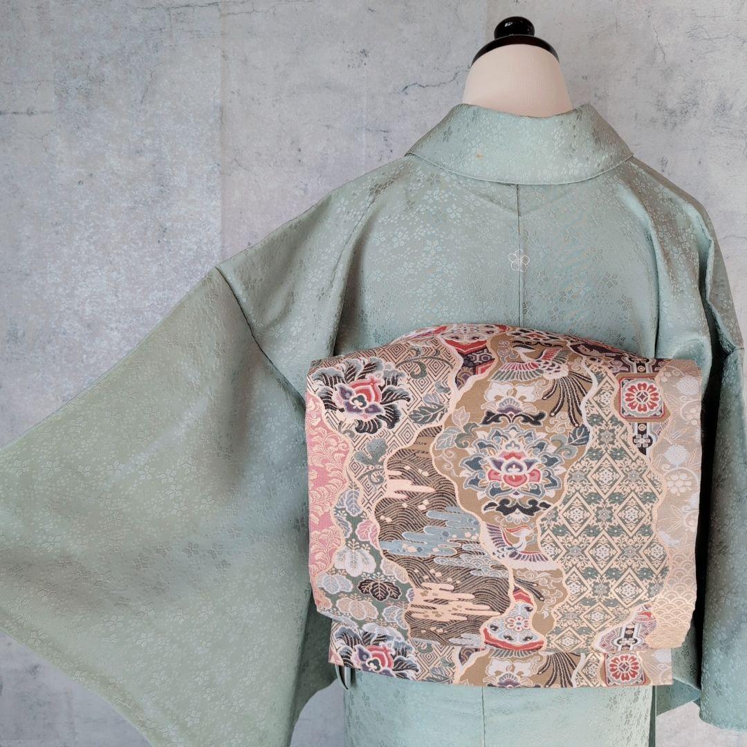 色無地　着物　フルセット　正絹　地紋豪華花　緑　パステルグリーン　爽やか　E1