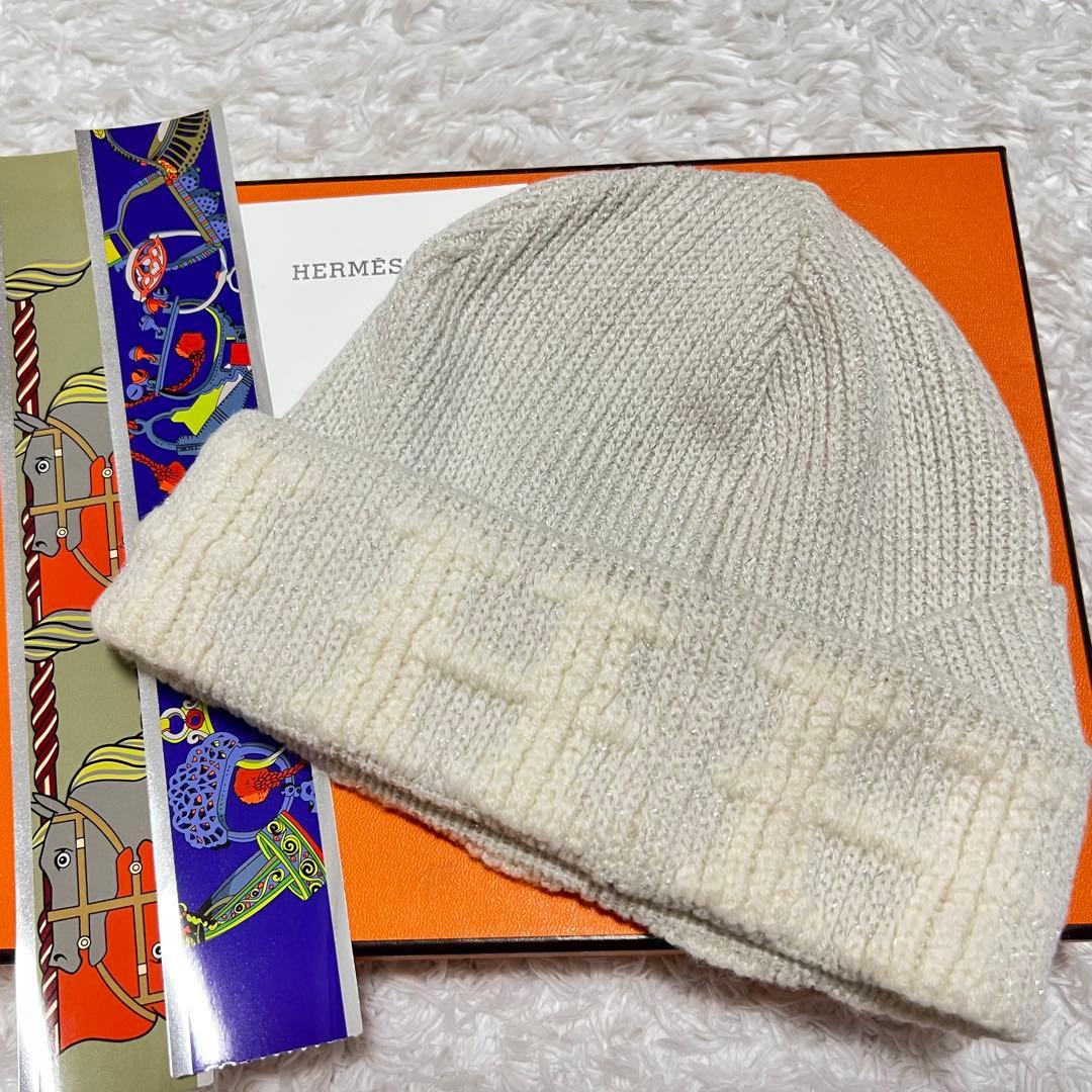 未使用タグ付き エルメス マルジェラ期 カシミヤ混 ラメ ニット帽 Hロゴ ME