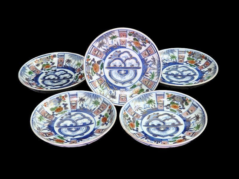 大聖寺伊万里　染錦　割絵　菊に笹の図　４寸皿　５枚　1592AS-DAc