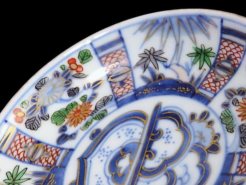 大聖寺伊万里　染錦　割絵　菊に笹の図　４寸皿　５枚　1592AS-DAc