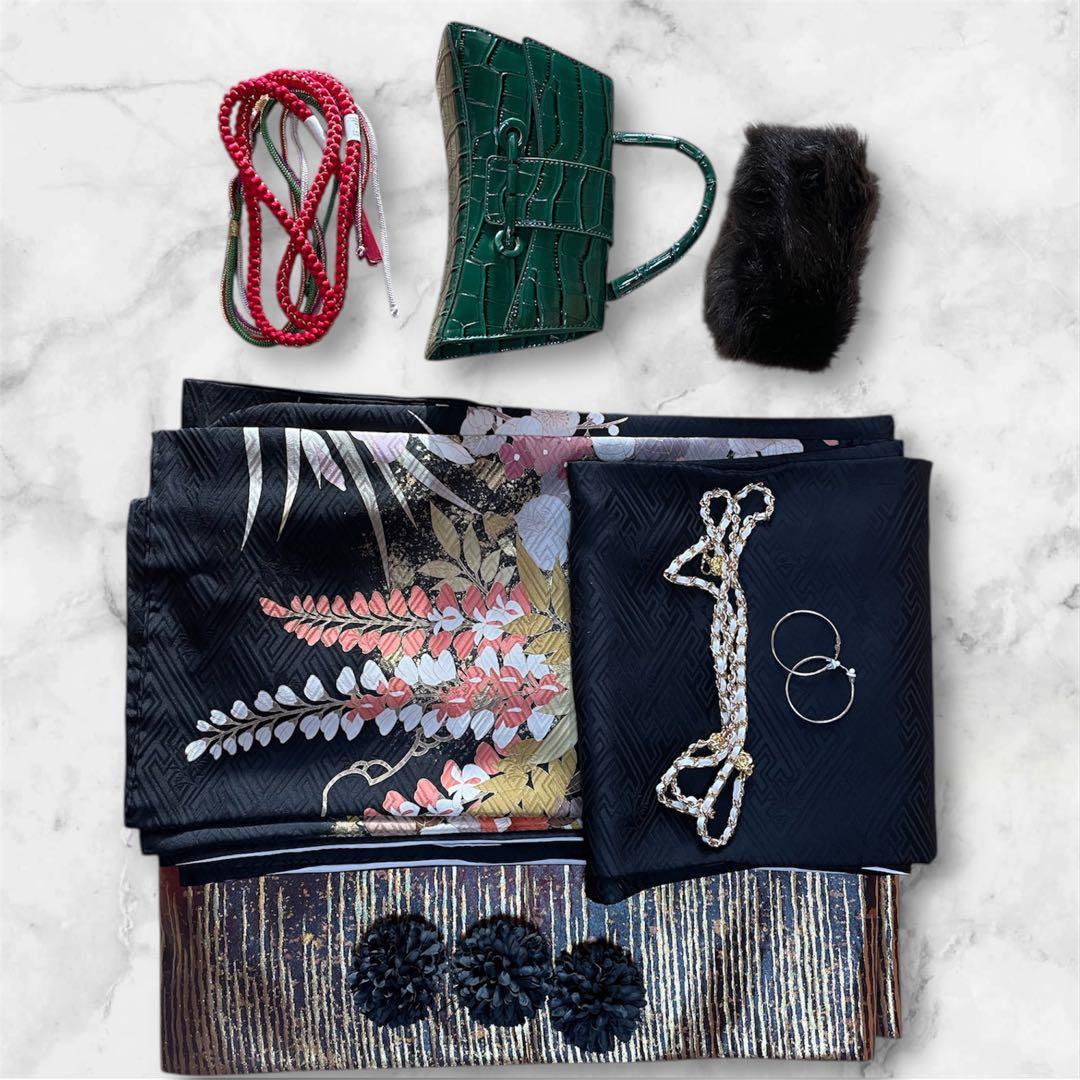 振袖 フルセット 綸子紗綾形 手描き友禅 黒地 花づくし