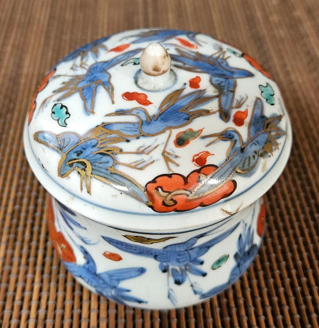 江戸時代後期　古伊万里　染錦　雲鶴　15羽図　蓋付　キャンディーポット　小物入れ
