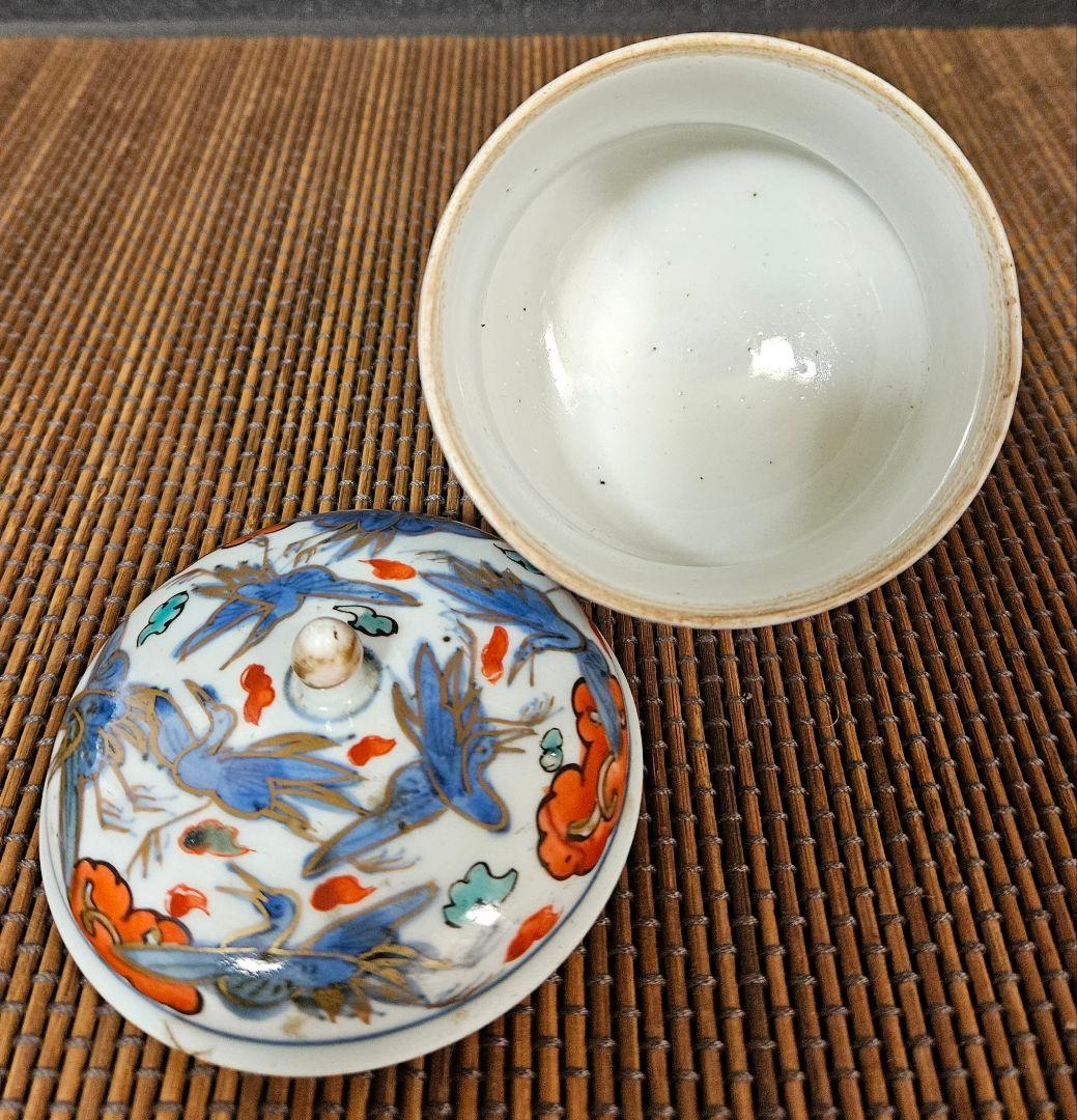 江戸時代後期　古伊万里　染錦　雲鶴　15羽図　蓋付　キャンディーポット　小物入れ