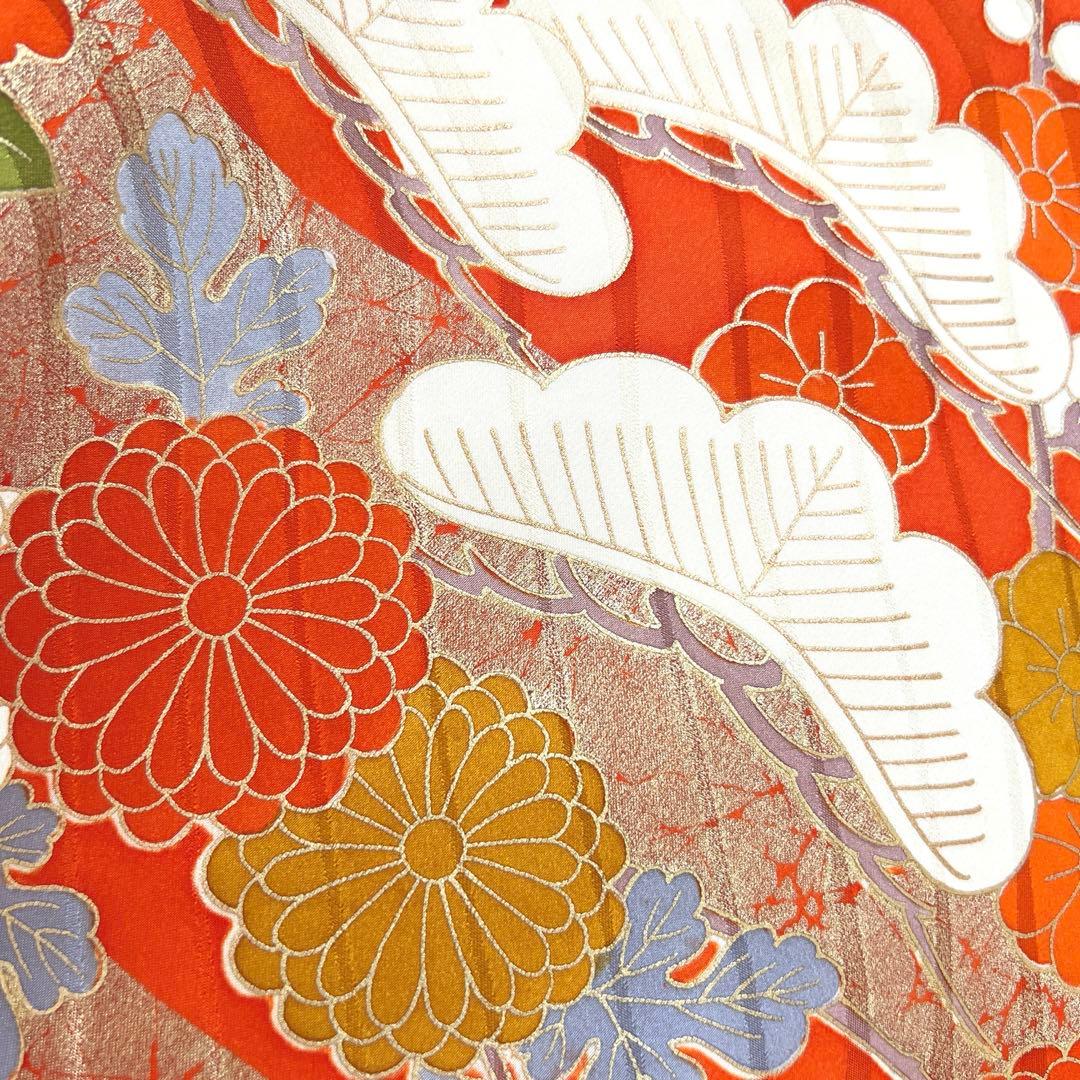451 振袖フルセット 正絹 朱 オレンジ 金彩 駒刺繍 古典 松竹梅
