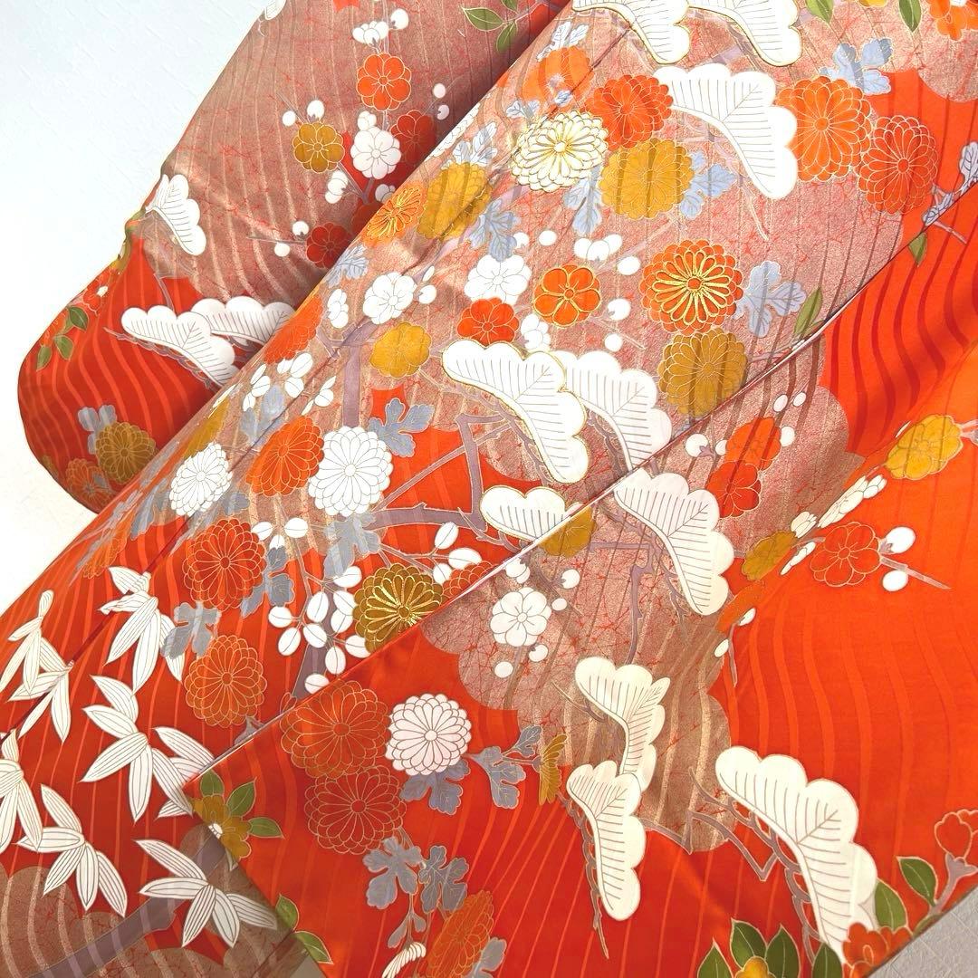 451 振袖フルセット 正絹 朱 オレンジ 金彩 駒刺繍 古典 松竹梅