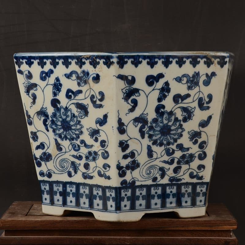 景徳鎮 青花纏枝紋六方植木鉢 陶磁器 盆栽鉢 工芸品 置物