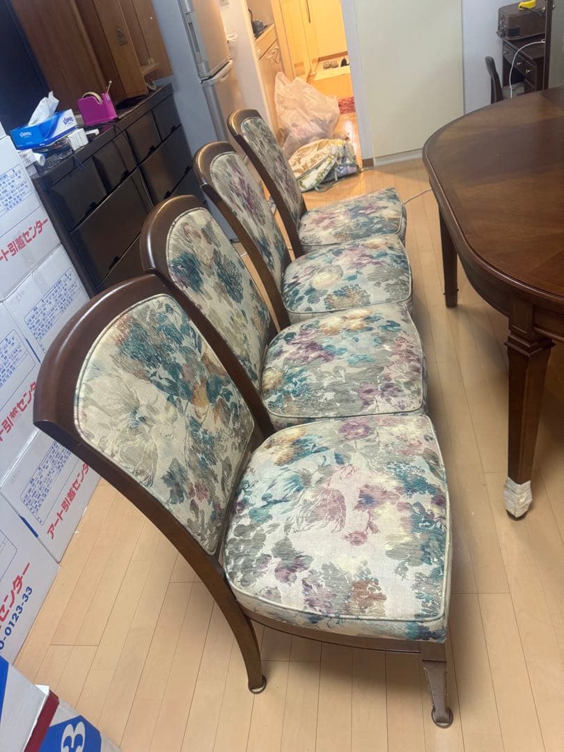 マルニモッコウ　地中海シリーズ　木製楕円形テーブル　花柄椅子4脚セット