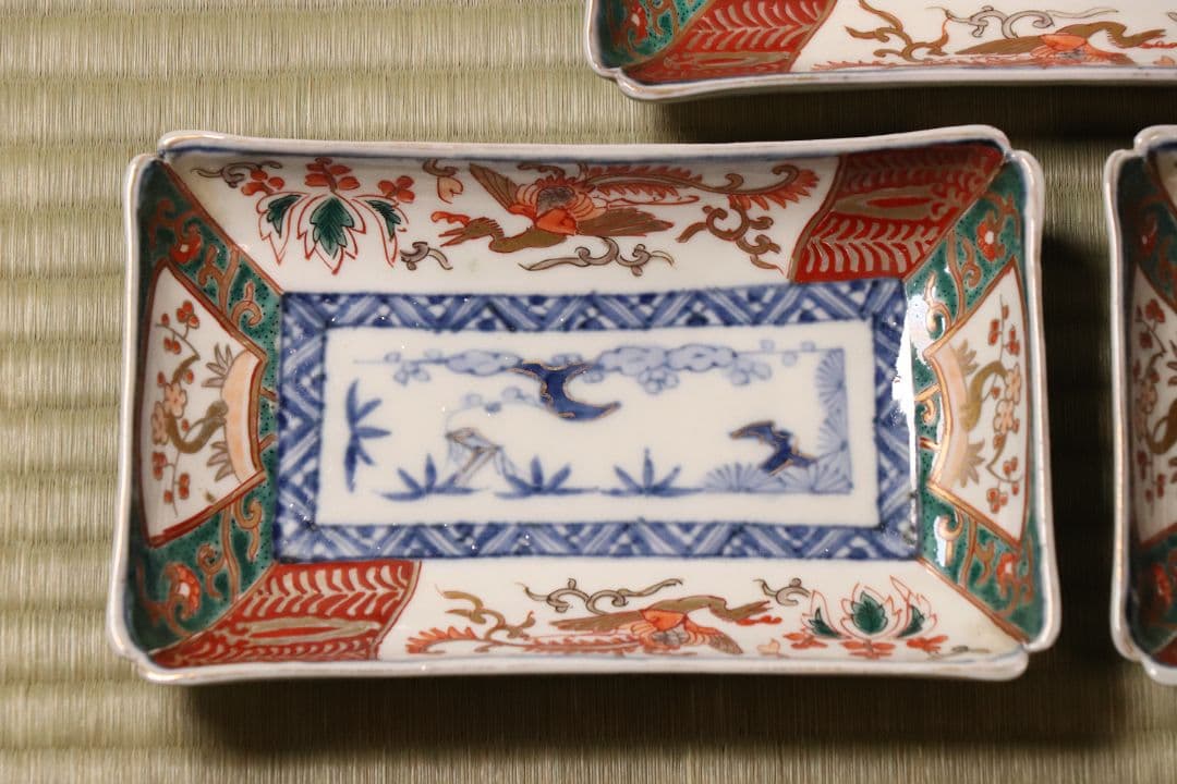 【CM51】古伊万里 色絵 長方刺身皿 角皿 五客 桐鳳凰 松竹梅 扇面 花唐草