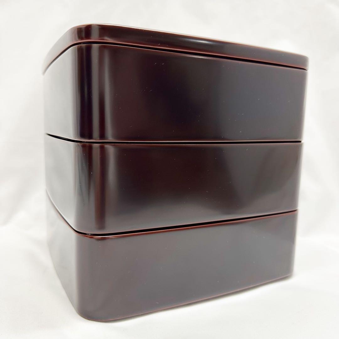 希少 未使用 輪島塗 角型 三段重 無地 W20×H19cm 溜蝋色 共箱付