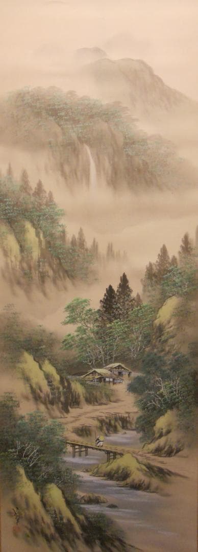 掛け軸 吉村舞堂 彩色山水 絹本 希少 軸装 茶道具 掛軸 風鎮付 美品 です。