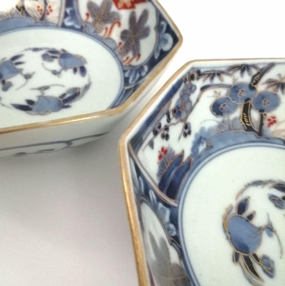 古伊万里　角福　色絵　若松　松竹梅に桃図　八角　なます皿　２客