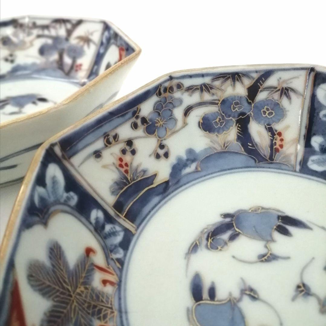 古伊万里　角福　色絵　若松　松竹梅に桃図　八角　なます皿　２客