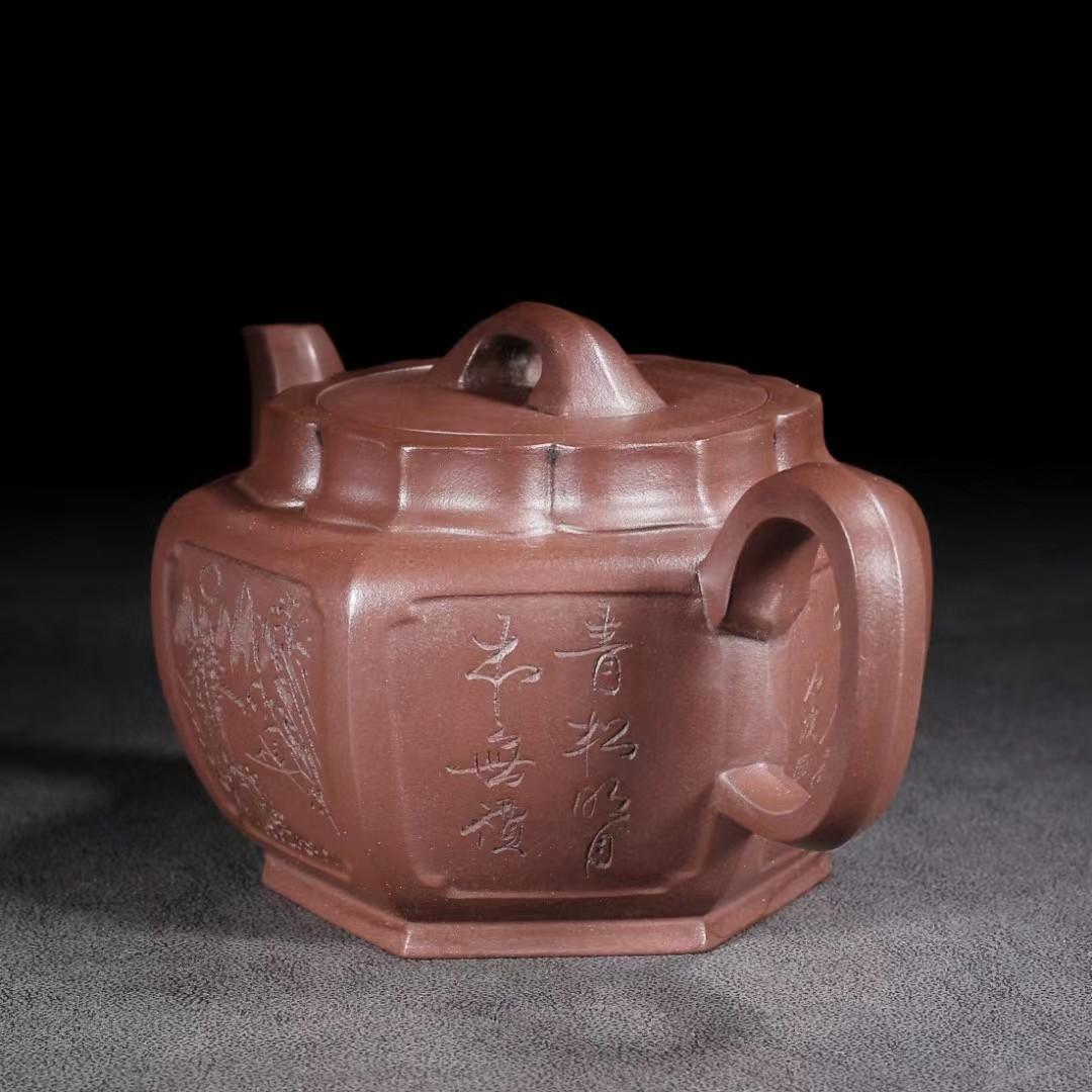 中国古美術・六角紫砂壺・ 底款:范大生・宜興原鉱・紫泥急須・茶壺・茶道具・置物