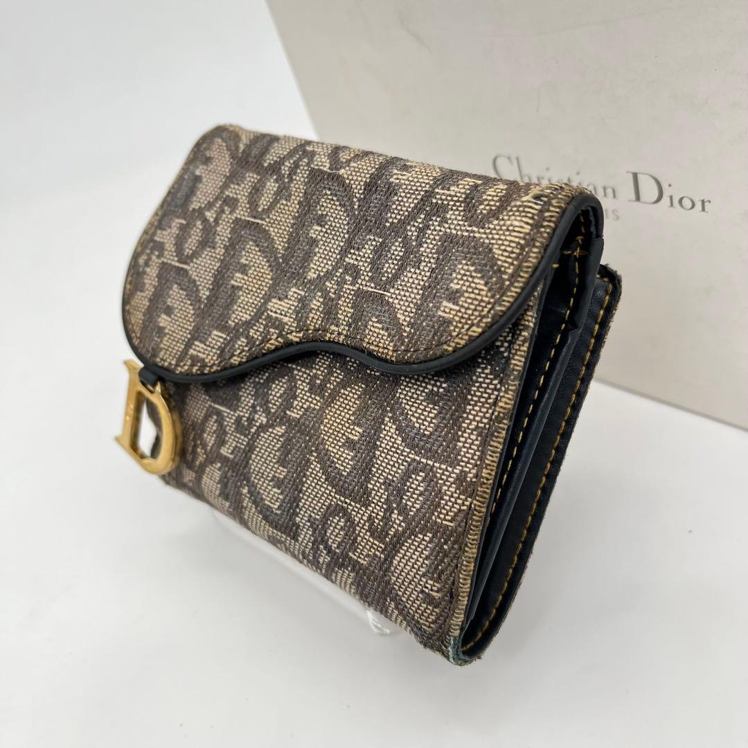 クリスチャンディオール 二つ折り財布 トロッター柄 サドル D金具 キャンバス