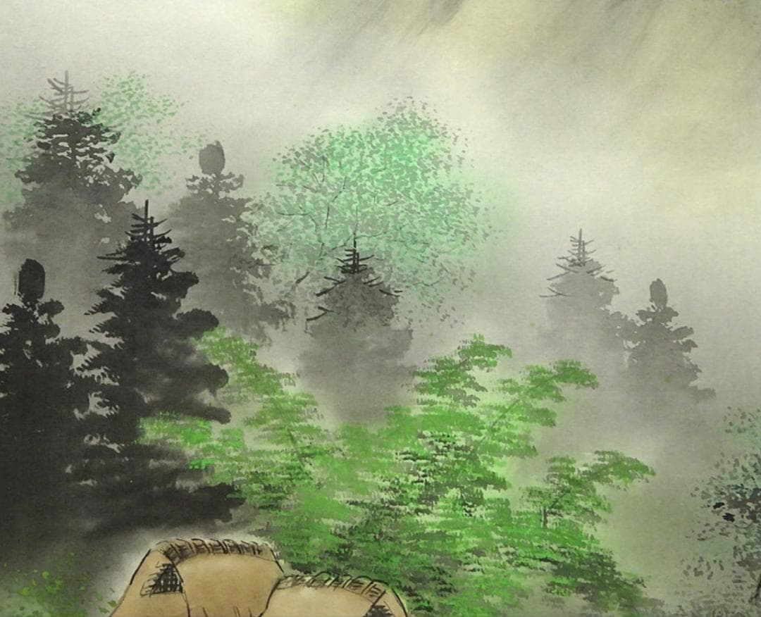 【真作】掛軸 加茂敬山『彩色山水』絹本 肉筆 共箱付 掛け軸 g08266