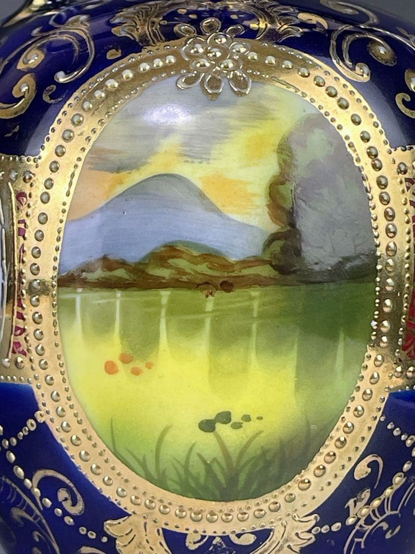 【希少】オールドニッポン ２５㎝ 瑠璃色風景紋スワン花瓶 ピッチャー 金盛り