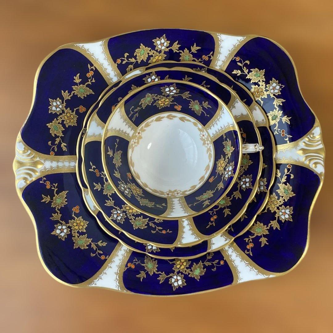 タスカン　コバルトブルー　エナメルペイント　金箔装飾　ティーセット　トリオ4点