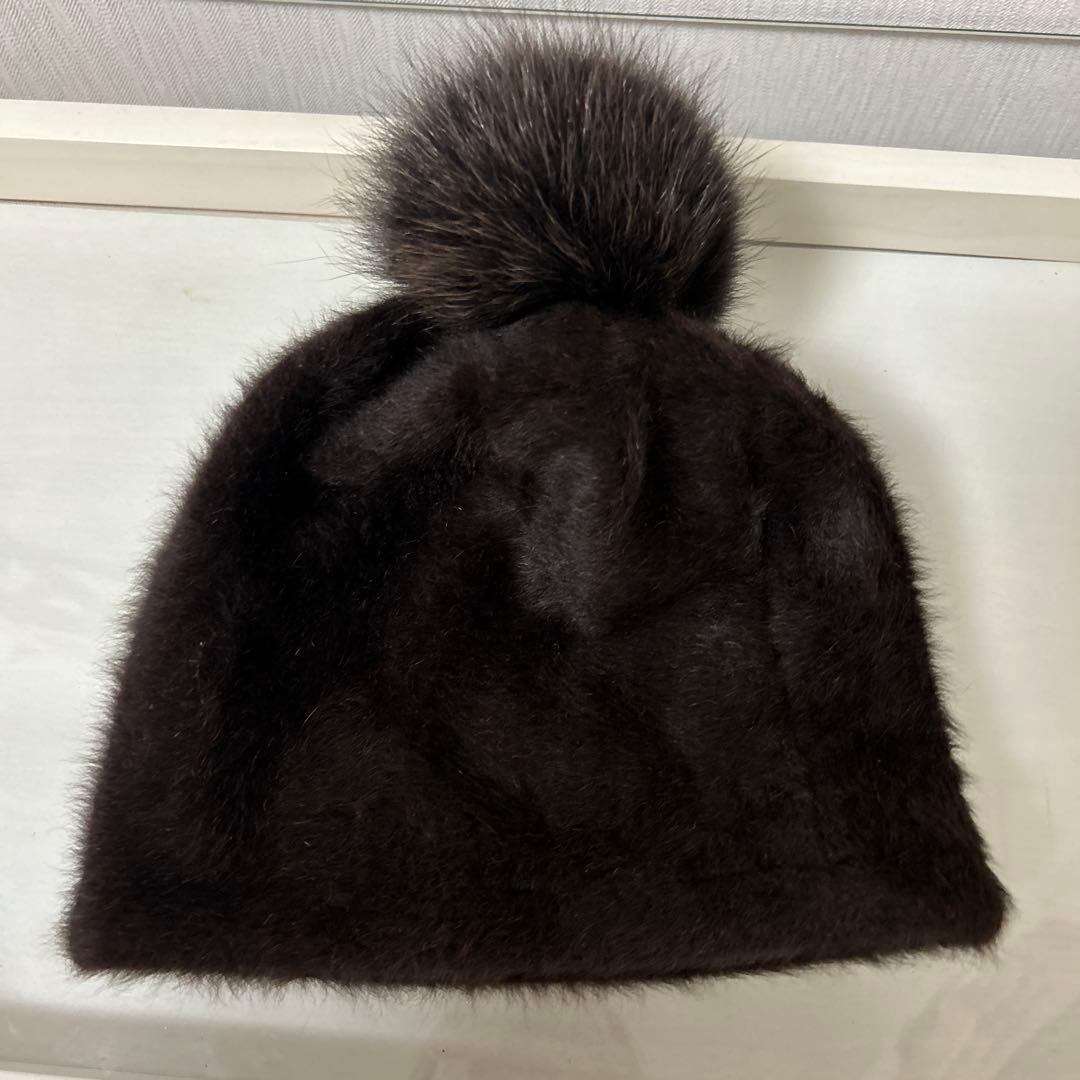 最高級　Maxmara リアルファー　アンゴラ　ニット帽　ポンポン付　ブラウン