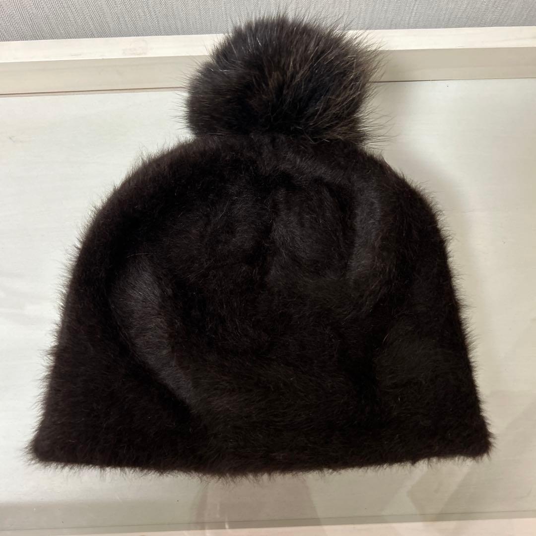 最高級　Maxmara リアルファー　アンゴラ　ニット帽　ポンポン付　ブラウン