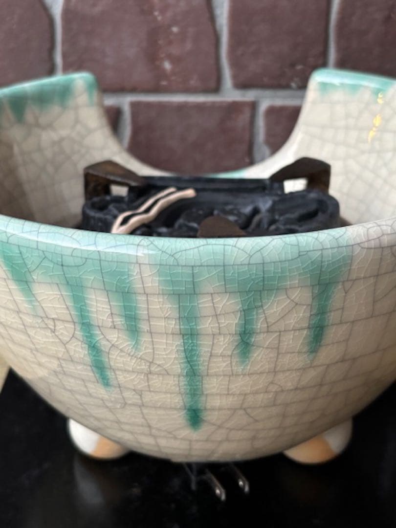 茶道具 野々田商店緑釉掛さつま織部紅鉢型風炉型電熱器炭型ヒーター香入敷板・紙箱付