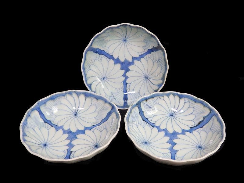 古伊万里　染付　割絵　菊の図　膾皿　３客　D760AS-BVk