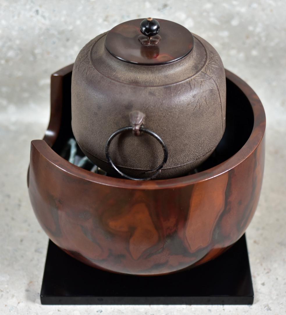 特価、唐銅風炉斑紫銅＆竹文茶釜、電熱器、五徳、敷板5点組【極上品】　お茶道具/箱