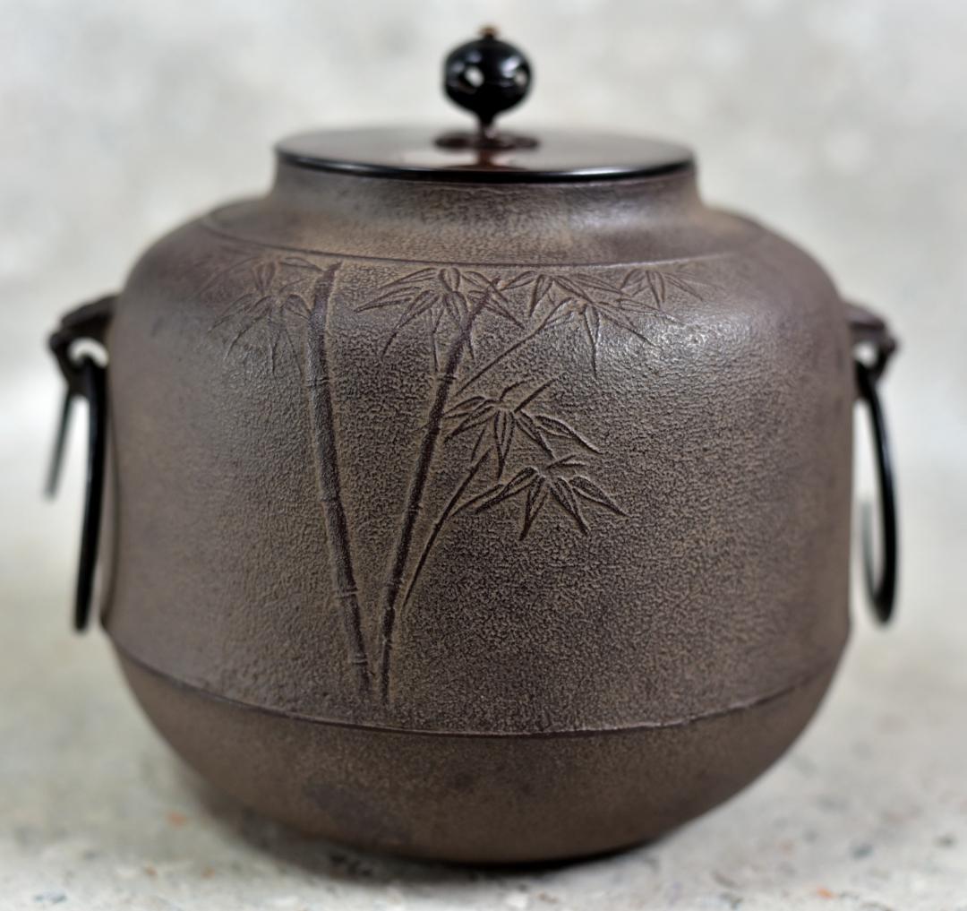 特価、唐銅風炉斑紫銅＆竹文茶釜、電熱器、五徳、敷板5点組【極上品】　お茶道具/箱