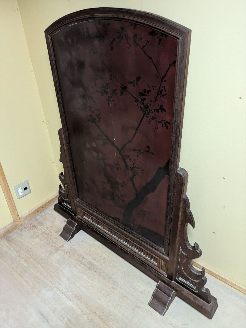 木製 黒漆塗り 螺鈿細工 衝立