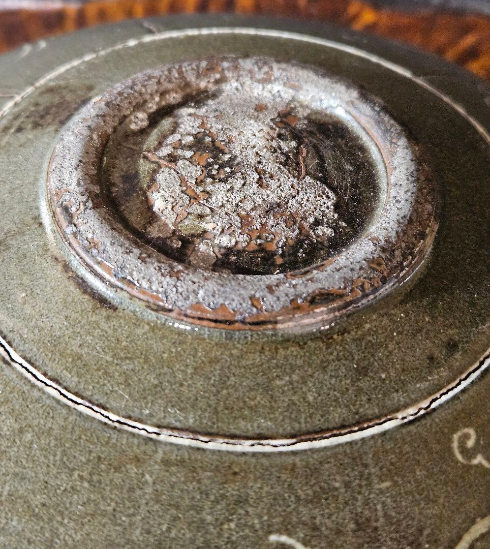 【古作品❗】李朝　高麗青磁写し　象嵌　太陽に鳥の図　鉢　菓子鉢　茶道具　茶器