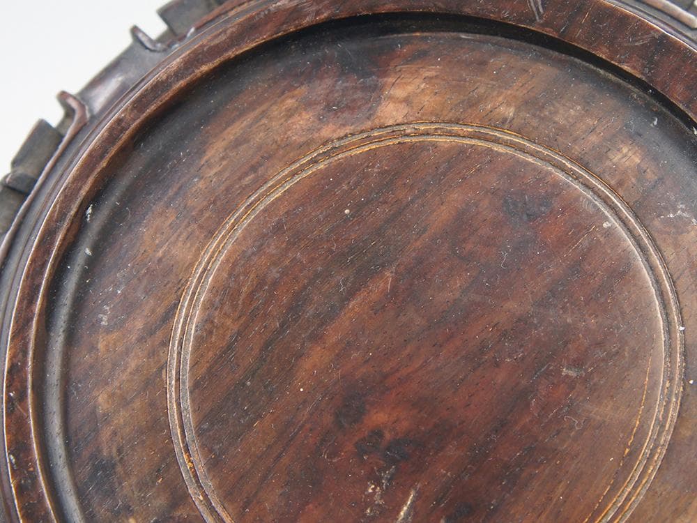 【木】　★ 竹木 唐木透彫拐子紋底座 ★　清時代　圓形 四足 細工彫刻　文房珍玩