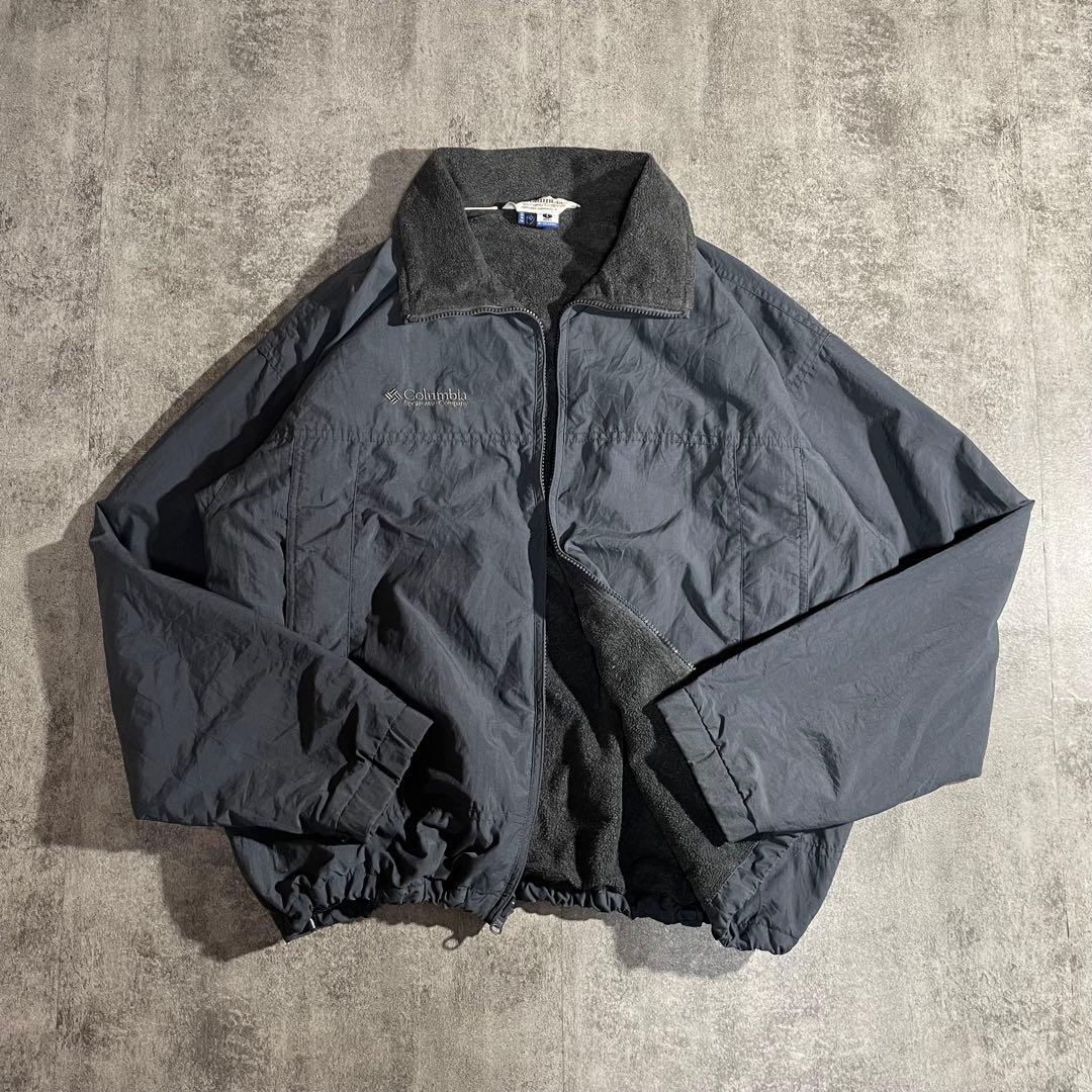 90'sColumbia古着ウォームアップジャケット短丈灰色/黒刺繍ロゴLサイズ