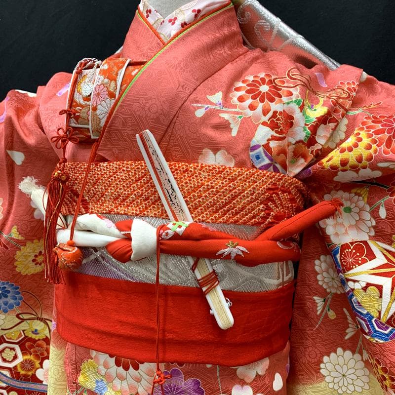 512ag24□七五三 七歳 女児 着物&袋帯 金彩 花 鈴 毬 ピンク□美品