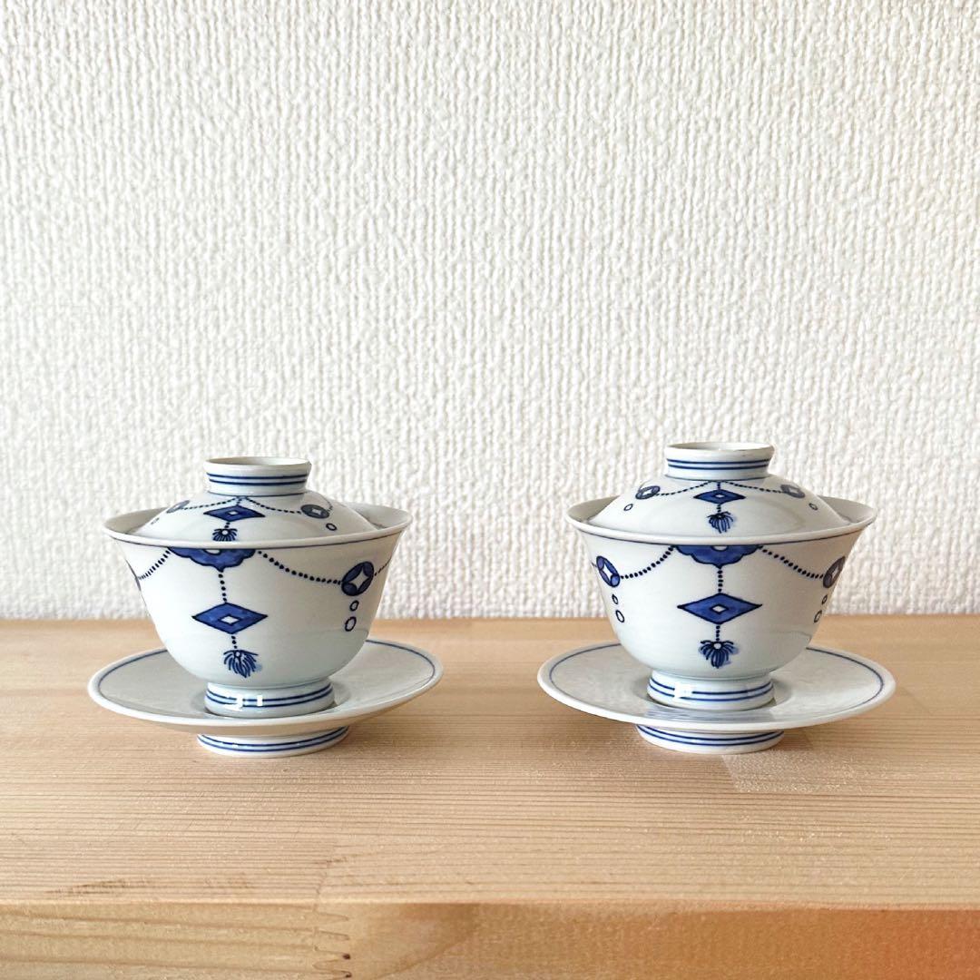 青華 染付 瓔珞文蓋碗 茶藝 在銘 加藤清昌 蓋付碗　煎茶碗　茶道具 茶器 骨董