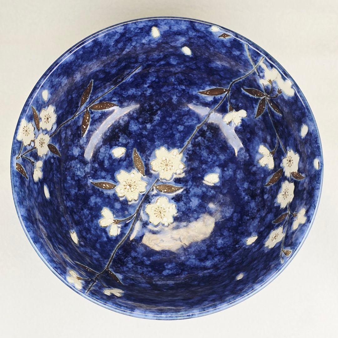 舶来品 中国古磁 雪花藍釉 留白 梅紋 大海碗 大型茶碗 観賞物 置物 在銘