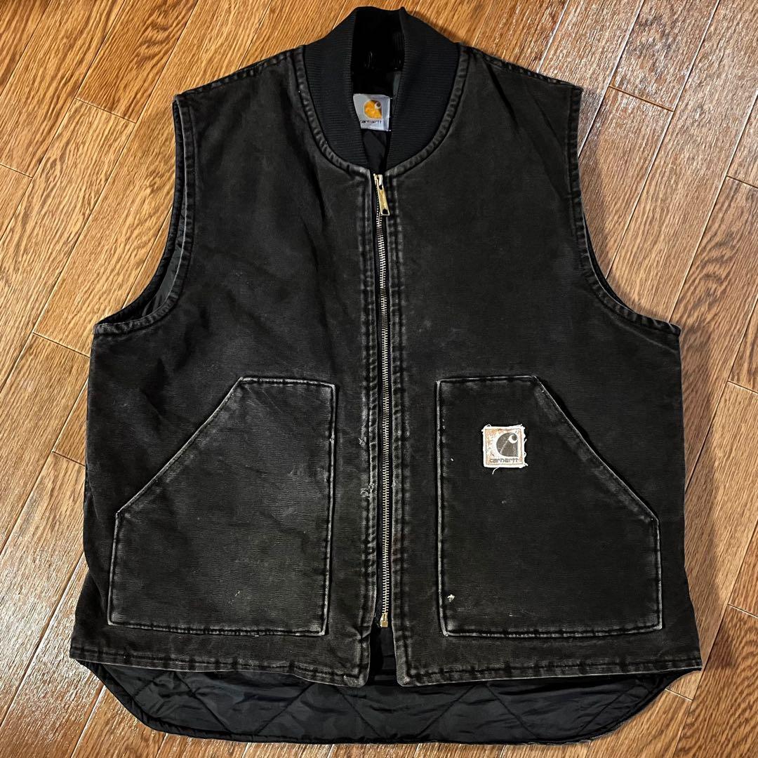 90s Carhartt オニキスブラック ダックベスト USA製 腰ゴム L