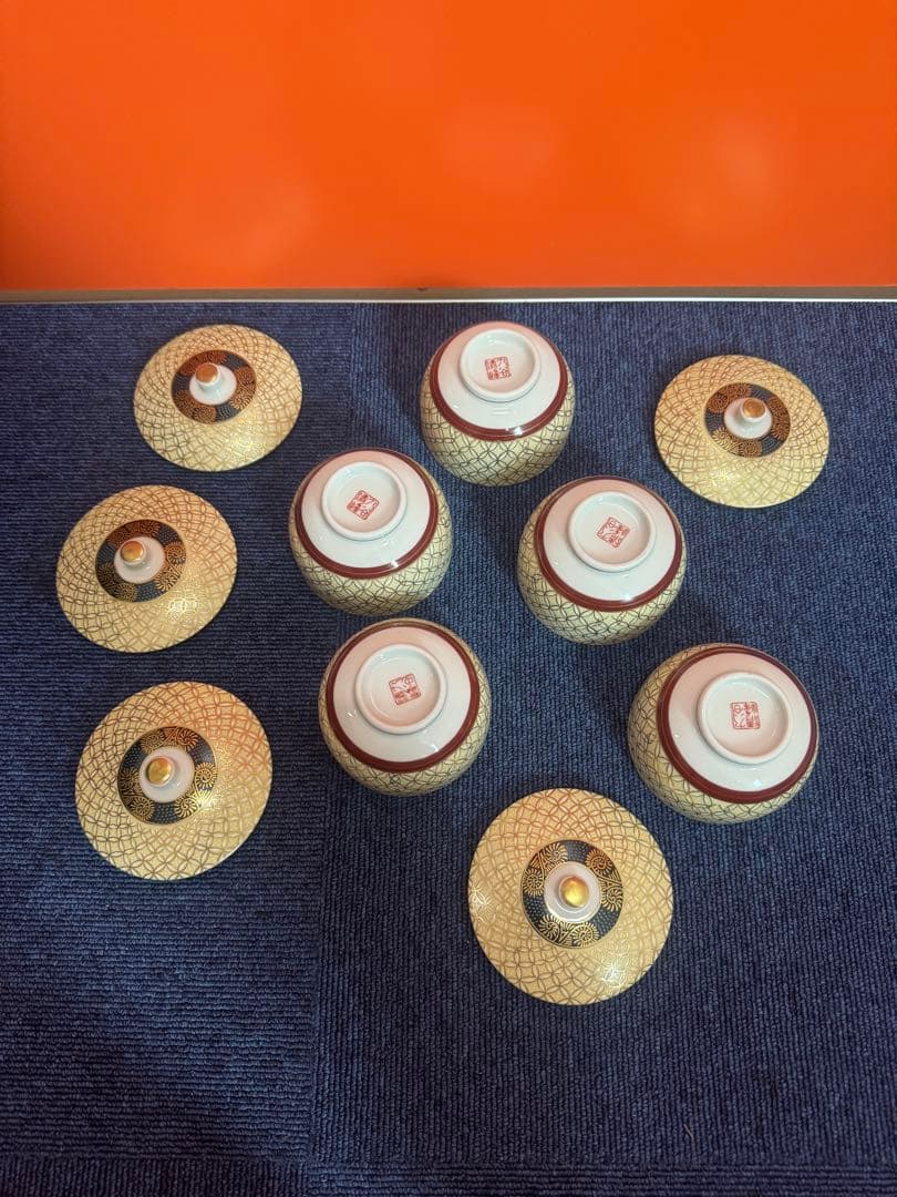 1747 九谷焼　金七宝　湯呑蓋付　5客　金彩　未使用