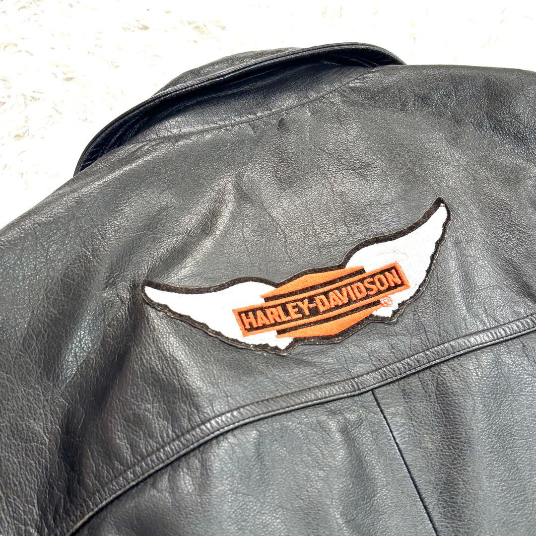 ✨良品✨ビッグロゴ刺繍◆ハーレーダビッドソン　L　レザーライダースジャケット黒